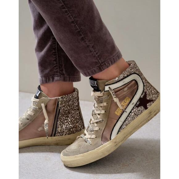 Golden Goose Slide Hi Top Sneaker Metallic Glitter Leather Suede 39 - Picture 2 of 7